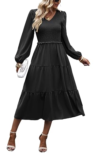 Kleid Damen Elegant Langarm Herbst A Linie Smocked Kleid Cocktailkleid Winter Kleider Party Dress Schwarzes L von VOGMATE