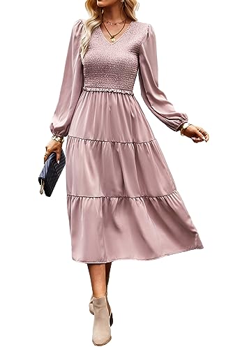 Kleid Damen Elegant Langarm Herbst A Linie Smocked Kleid Cocktailkleid Winter Kleider Party Dress Violett M von VOGMATE