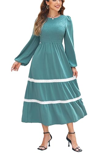 Kleid Damen Langarm Elegant A Linie Maxikleid Boho Kleider Lang Casual Dress Wickelkleid Teal M von VOGMATE