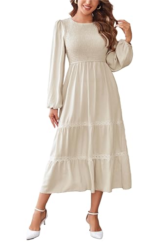 Kleid Damen Langarm Elegant A Linie Maxikleid Boho Kleider Lang Casual Dress Wickelkleid Beige L von VOGMATE