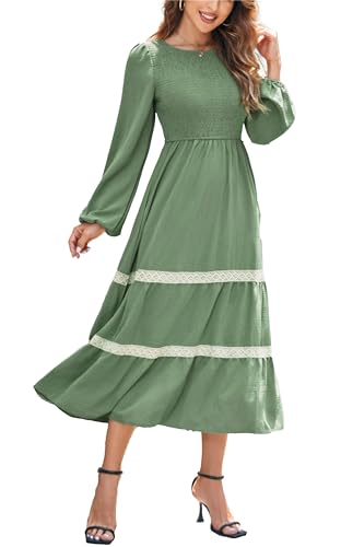 Kleid Damen Langarm Elegant A Linie Maxikleid Boho Kleider Lang Casual Dress Wickelkleid Lichtgrün XL von VOGMATE