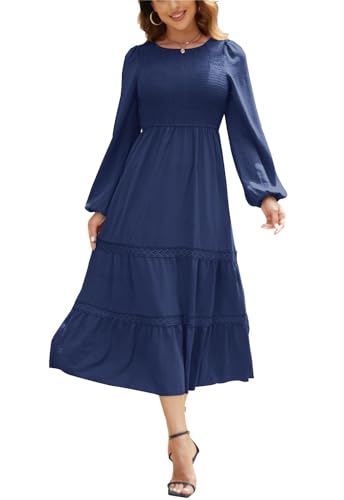 Kleid Damen Langarm Elegant A Linie Maxikleid Boho Kleider Lang Casual Dress Wickelkleid Marineblau L von VOGMATE