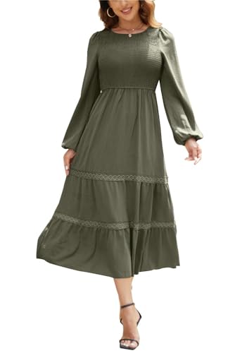 Kleid Damen Langarm Elegant A Linie Maxikleid Boho Kleider Lang Casual Dress Wickelkleid Olive M von VOGMATE