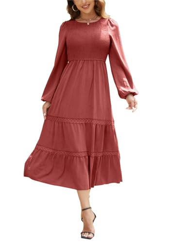 Kleid Damen Langarm Elegant A Linie Maxikleid Boho Kleider Lang Casual Dress Wickelkleid Orange XL von VOGMATE
