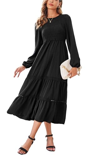 Kleid Damen Langarm Elegant A Linie Maxikleid Boho Kleider Lang Casual Dress Wickelkleid Schwarz M von VOGMATE