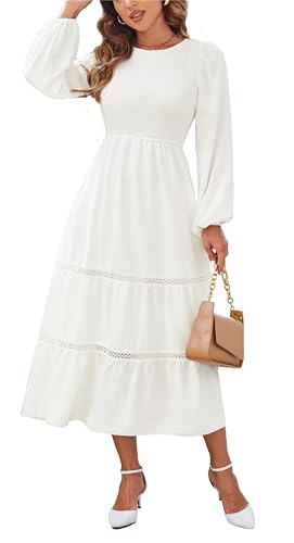 Kleid Damen Langarm Elegant A Linie Maxikleid Boho Kleider Lang Casual Dress Wickelkleid Weiß S von VOGMATE