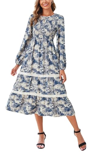 Kleid Damen Langarm Elegantkleid Blumen Winterkleid Maxikleid A Linie Party Kleider Lang Krawatte Blau und Weiß Gefärbt M von VOGMATE