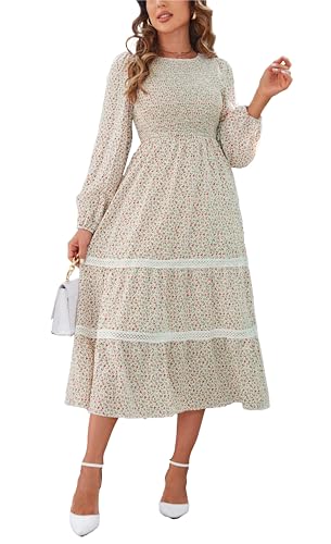 Kleid Damen Langarm Elegantkleid Blumen Winterkleid Maxikleid A Linie Party Kleider Lang Weiß M von VOGMATE