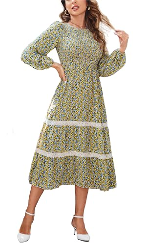 Kleid Damen Langarm Elegantkleid Blumen Winterkleid Maxikleid A Linie Party Kleider Lang Gelb XL von VOGMATE