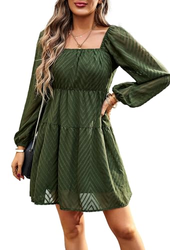 Langarm Kleid Damen Elegant Kurz Chiffonkleid A Linie Minikleider Party Cocktailkleid Square Neck Dress Olive XXL von VOGMATE