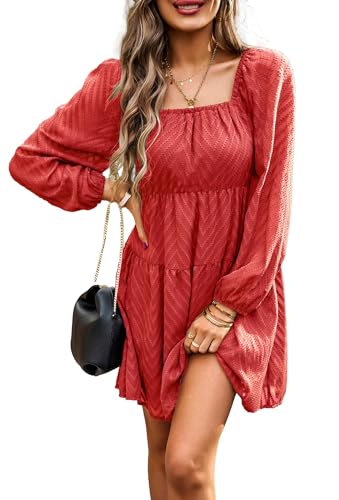 Langarm Kleid Damen Elegant Kurz Chiffonkleid A Linie Minikleider Party Cocktailkleid Square Neck Dress Rot L von VOGMATE