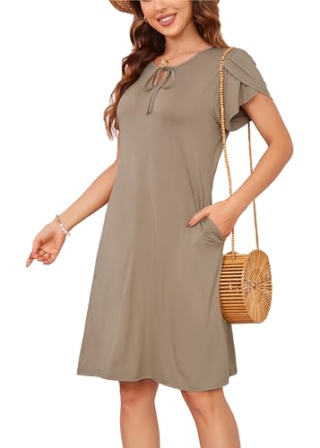 Sommerkleid Damen Knielang A-Linie Kleider T Shirt Kleid A-Linien Swingkleid Loose Jersey Dresses Khaki L von VOGMATE