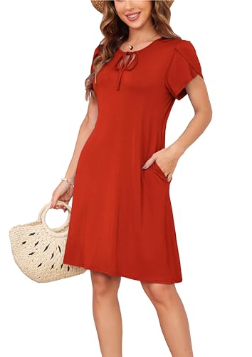 Sommerkleid Damen Knielang A-Linie Kleider T Shirt Kleid A-Linien Swingkleid Loose Jersey Dresses Rot L von VOGMATE
