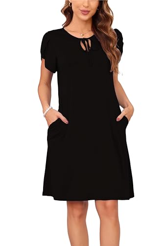 Sommerkleid Damen Knielang A-Linie Kleider T Shirt Kleid A-Linien Swingkleid Loose Jersey Dresses Schwarzes L von VOGMATE