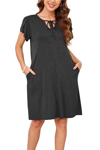 Sommerkleid Damen Knielang A-Linie Kleider T Shirt Kleid Elegant Strandkleid Swingkleid Loose Jersey Dresses Dunkelgrau L von VOGMATE