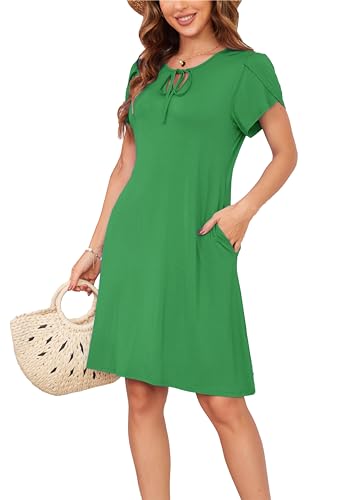 Sommerkleid Damen Knielang A-Linie Kleider T Shirt Kleid Elegant Strandkleid Swingkleid Loose Jersey Dresses Dunkelgrün L von VOGMATE