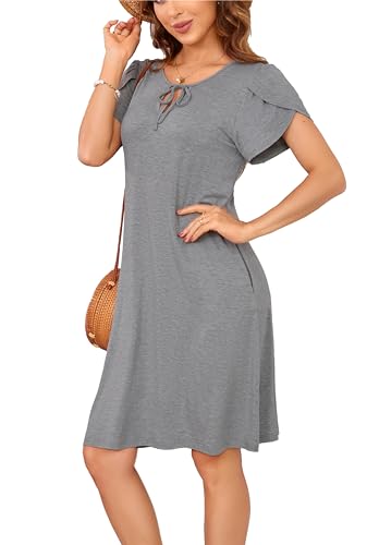 Sommerkleid Damen Knielang A-Linie Kleider T Shirt Kleid Elegant Strandkleid Swingkleid Loose Jersey Dresses Hellgrau M von VOGMATE