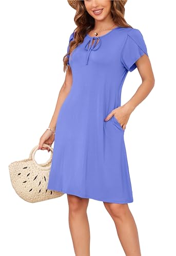 Sommerkleid Damen Knielang A-Linie Kleider T Shirt Kleid Elegant Strandkleid Swingkleid Loose Jersey Dresses Kornblumenblau L von VOGMATE