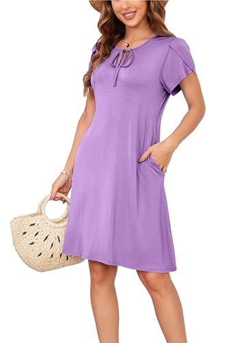 Sommerkleid Damen Knielang A-Linie Kleider T Shirt Kleid Elegant Strandkleid Swingkleid Loose Jersey Dresses Lavendel XXL von VOGMATE