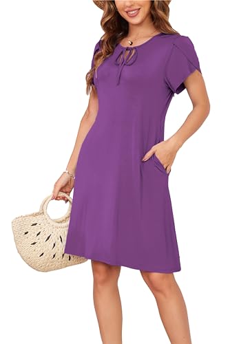 Sommerkleid Damen Knielang A-Linie Kleider T Shirt Kleid Elegant Strandkleid Swingkleid Loose Jersey Dresses Lila XL von VOGMATE