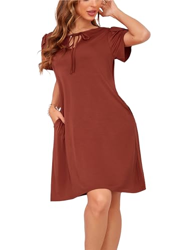 Sommerkleid Damen Knielang A-Linie Kleider T Shirt Kleid Elegant Strandkleid Swingkleid Loose Jersey Dresses Orange M von VOGMATE