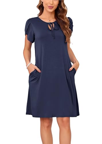 Sommerkleid Damen Knielang A-Linie Kleider T Shirt Kleid Elegant Strandkleid Swingkleid Loose Jersey Dresses Tiefblau L von VOGMATE