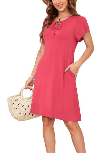 Sommerkleid Damen Knielang A-Linie Kleider T Shirt Kleid Elegant Strandkleid Swingkleid Loose Jersey Dresses Tomatenrot L von VOGMATE