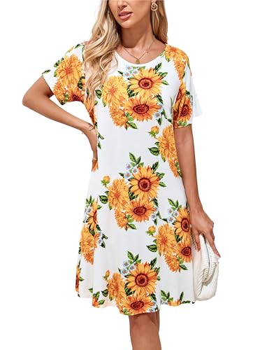 Sommerkleid Damen Knielang Casual T-Shirt Midikleid Kurzarm Loose Swing Freizeitkleid Jersey Dress Blumen Sonnenblume Weiß S von VOGMATE