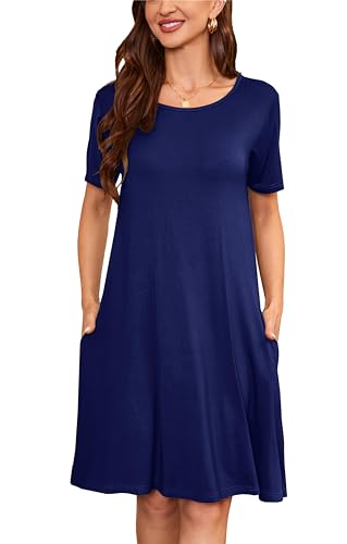 Sommerkleid Damen Knielang Casual T-Shirt Midikleid Kurzarm Loose Swing Freizeitkleid Jersey Dress Dunkelblau XL von VOGMATE
