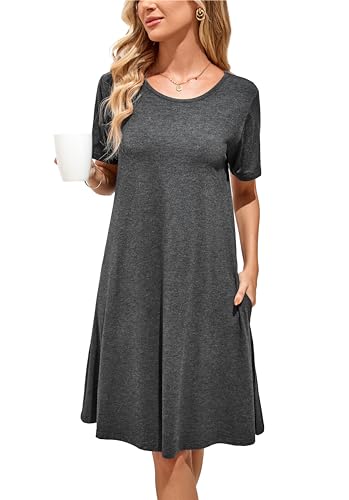 Sommerkleid Damen Knielang Casual T-Shirt Midikleid Kurzarm Loose Swing Freizeitkleid Jersey Dress Dunkelgrau XXL von VOGMATE