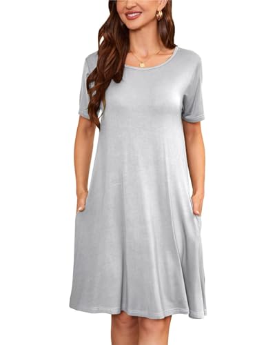 Sommerkleid Damen Knielang Casual T-Shirt Midikleid Kurzarm Loose Swing Freizeitkleid Jersey Dress Licht Grau M von VOGMATE
