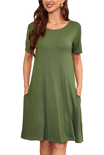 Sommerkleid Damen Knielang Casual T-Shirt Midikleid Kurzarm Loose Swing Freizeitkleid Jersey Dress Olive XL von VOGMATE