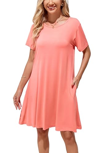 Sommerkleid Damen Knielang Casual T-Shirt Midikleid Kurzarm Loose Swing Freizeitkleid Jersey Dress Rote Wassermelone S von VOGMATE