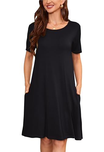 Sommerkleid Damen Knielang Casual T-Shirt Midikleid Kurzarm Loose Swing Freizeitkleid Jersey Dress Schwarz S von VOGMATE