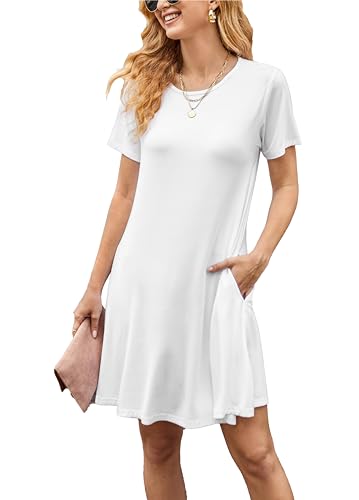 Sommerkleid Damen Knielang Casual T-Shirt Midikleid Kurzarm Loose Swing Freizeitkleid Jersey Dress Weiß L von VOGMATE