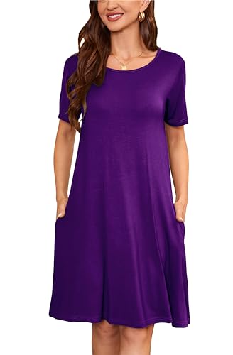 Sommerkleid Damen Knielang Casual T-Shirt Midikleid Kurzarm Loose Swing Freizeitkleid Jersey Dress Purpur M von VOGMATE