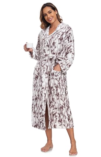VOGMATE Bademantel Damen Flauschig Kapuze Morgenmantel Lang Kuschel Gittermuster Saunamantel Plüsch Fleece Hausmantel Grau Weiß S-M von VOGMATE