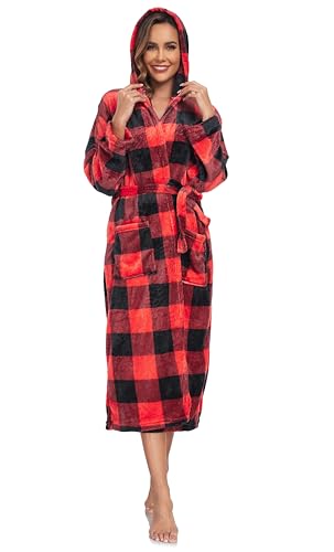 VOGMATE Bademantel Damen Flauschig Kapuze Morgenmantel Lang Kuschel Gittermuster Saunamantel Plüsch Fleece Hausmantel Rot Schwarz S/M von VOGMATE