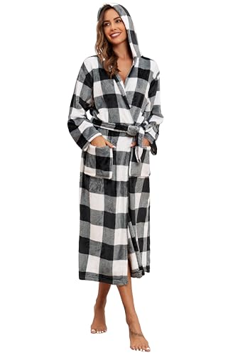 VOGMATE Bademantel Damen Flauschig Kapuze Morgenmantel Lang Kuschel Gittermuster Saunamantel Plüsch Fleece Hausmantel Schwarz Weiß S/M von VOGMATE