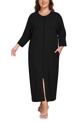 VOGMATE Morgenmantel Damen Große Größen Dünner Frottee Lang Leichter Bademantel mit Reißverschluss Kuschelig Übergröße Hausmantel Bathrobe for Women von VOGMATE