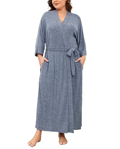 VOGMATE Bademantel Damen Große Größen XL Lang Knit Bathrobe Women Plus Size Kuscheliger Morgenmantel Hausmantel Kriegsmarine von VOGMATE