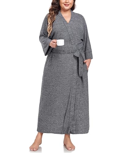 VOGMATE Bademantel Damen Große Größen XXL Lang Knit Bathrobe Women Plus Size Kuscheliger Morgenmantel Hausmantel Dunkelgrau von VOGMATE