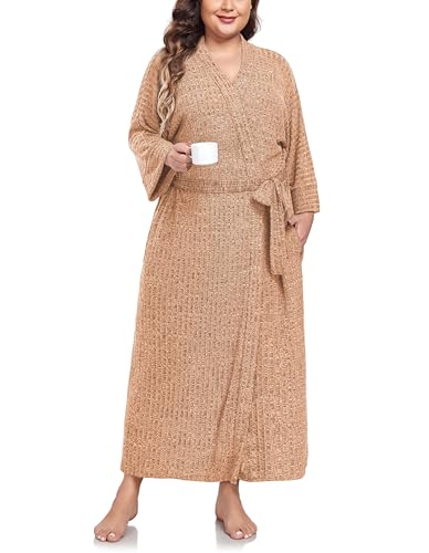 VOGMATE Bademantel Damen Große Größen XXL Lang Knit Bathrobe Women Plus Size Kuscheliger Morgenmantel Hausmantel Gelb von VOGMATE