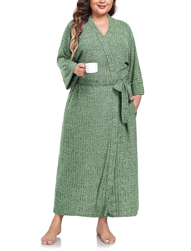 VOGMATE Bademantel Damen Große Größen XXL Lang Knit Bathrobe Women Plus Size Kuscheliger Morgenmantel Hausmantel Grün von VOGMATE