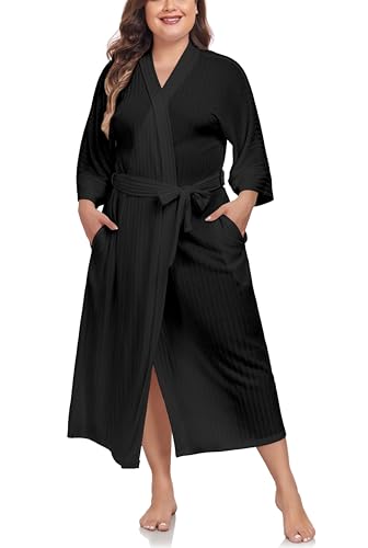 VOGMATE Bademantel Damen Große Größen XXL Lang Knit Bathrobe Women Plus Size Kuscheliger Morgenmantel Hausmantel Schwarz von VOGMATE