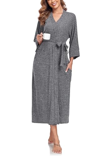 VOGMATE Morgenmantel Damen Leicht Dünner Stricken Lang Sauna Bademantel Kimono Kuscheliger Hausmantel Loungewear Dunkelgrau M von VOGMATE