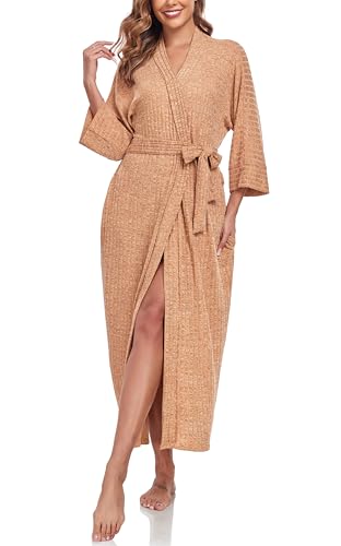 VOGMATE Morgenmantel Damen Leicht Dünner Stricken Lang Sauna Bademantel Kimono Kuscheliger Hausmantel Loungewear Gelb S von VOGMATE