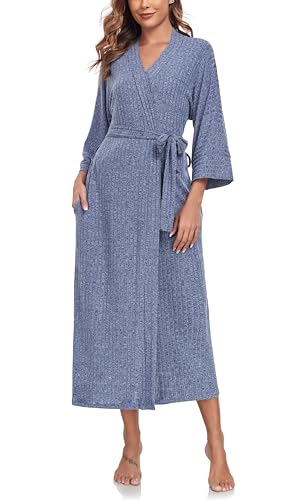 VOGMATE Morgenmantel Damen Leicht Dünner Stricken Lang Sauna Bademantel Kimono Kuscheliger Hausmantel Loungewear Kriegsmarine M von VOGMATE