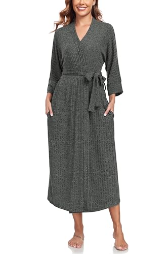 VOGMATE Morgenmantel Damen Leicht Dünner Stricken Lang Sauna Bademantel Kimono Kuscheliger Hausmantel Loungewear Olive S von VOGMATE