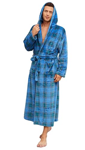 VOGMATE Bademantel mit Kapuze Herren Fleece Flauschig Lang Bademäntel Kuschelig Plüsch Morgenmantel Frottee Hausmantel Gittermuster Blau Grün S/M von VOGMATE